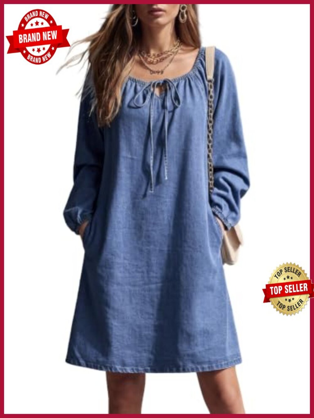 Womens Long Sleeve Drawstring Boat Neck Denim Mini Dress with Pockets
